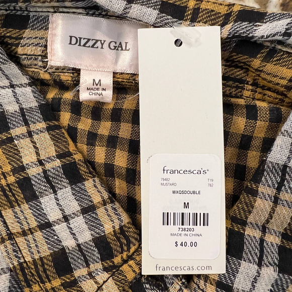 NWT Francesca's Dizzy Gal Gold/Black/White Plaid Button Down Shirt - Picture 7 of 11